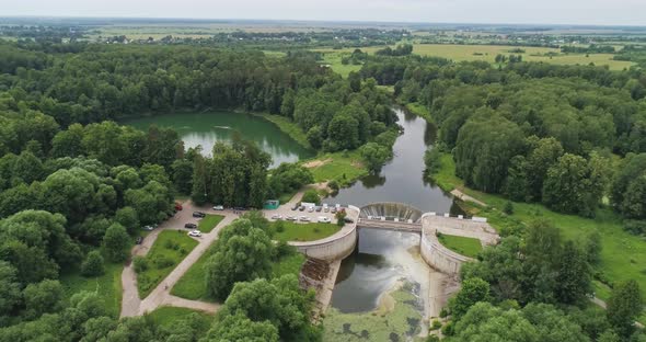 Yaropolets, Russia. Yaropoletskaya water-power plant (GES) and Volokolamskiy waterfall. Aerial.