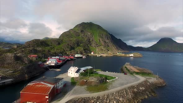 Fishing port Mortsund on Lofoten islands in Norway