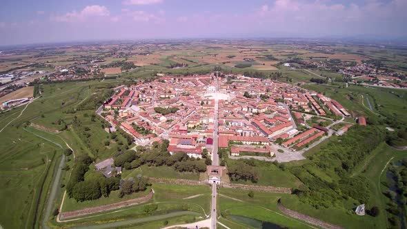 Aerial View Italy city, sunny weather and blue sky, 4K