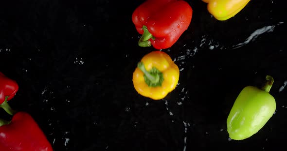Sweet Peppers of Different Colors Fall on Water Splashes.  alt