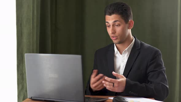 Businessman Giving Online Presentation Discussing Financial Report Talking Having Video Call at alt