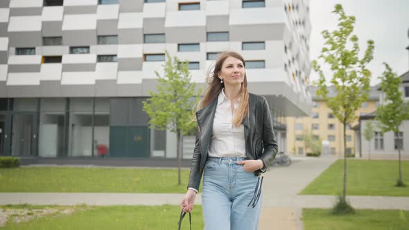 Portrait of Female Student in White TShirt Confidently Looking Into Camera While alt
