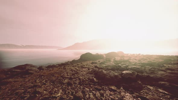 Atmospheric Landscape with Mountain Lake Among Moraines in Rainy Weather alt