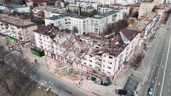 Blown Up Building In Kyiv. Ukraine War Background. Bombed Civil House In Ukraine