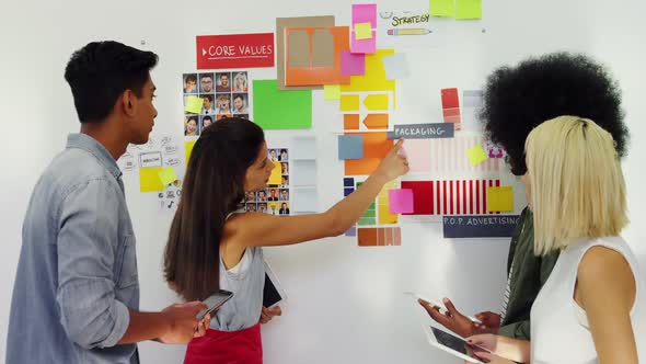 Business executives discussing over sticky notes 4k alt