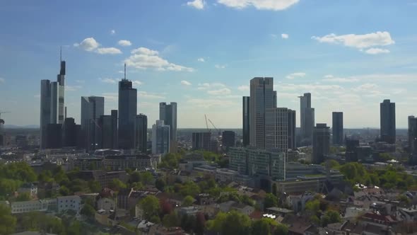 AERIAL: Rising Up Over Frankfurt Am Main, Germany Skyline on Beautiful Summer Day  alt