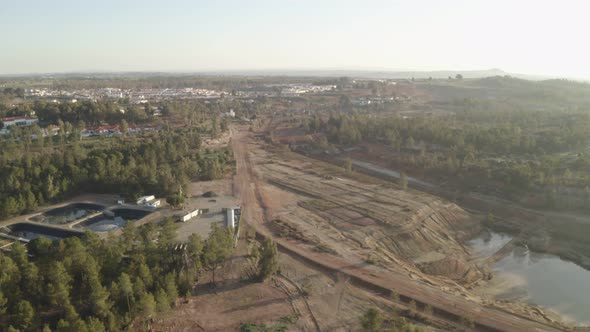 Aerial drone view of the abandoned mines of Mina de Sao Domingos, in Alentejo Portugal alt