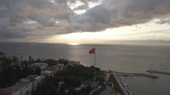 Aerial Turkish Flag at sea side