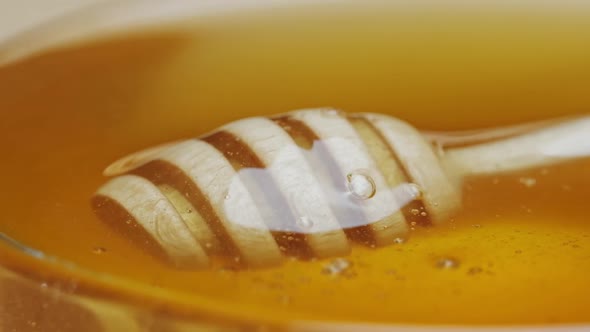 Plate of Honey with a Wooden Stick. Close Up alt