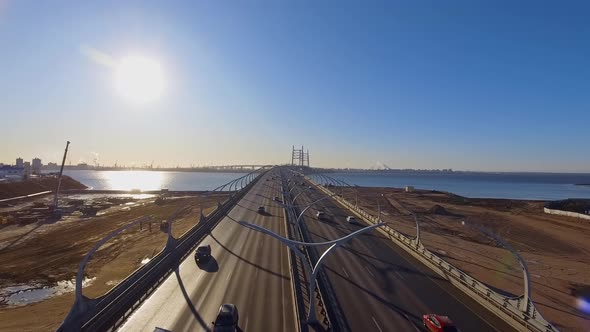 Drone Span Over Highspeed Road Towards the New Cablestayed Bridge in the Early Morning Northwest alt