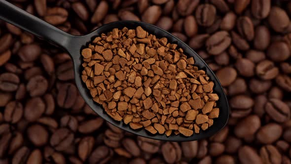 instant coffee and coffee beans on background rotation alt