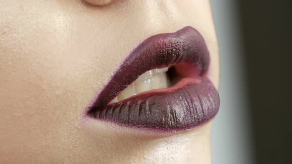 Juicy Dark Black Red Lips are Made Up with Special Brush Lipstick and Lip Gloss Which is Applied By