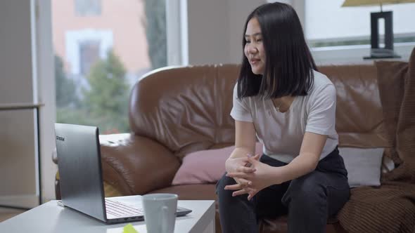 Cheerful Asian Millennial Woman Using Video Chat on Laptop Sitting on Comfortable Couch at Home alt