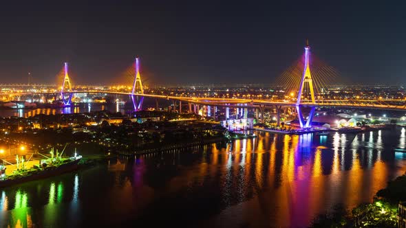 time lapse of Bhumibol suspension bridge cross over Chao Phraya River at night in Bangkok
