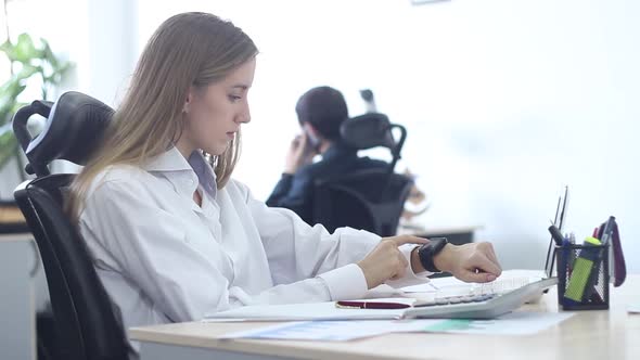 Beautiful Young Business Woman Working In A Modern Office Using Laptop alt