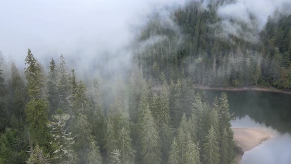 Fog in the Mountains. Aerial View of the Carpathian Mountains in Autumn. Ukraine alt