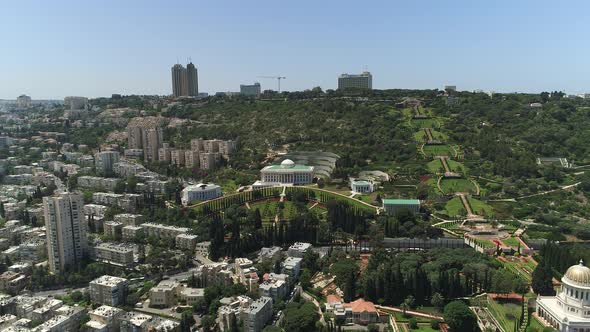 Aerial of Haifa with Baha'i Gardens and buildings alt