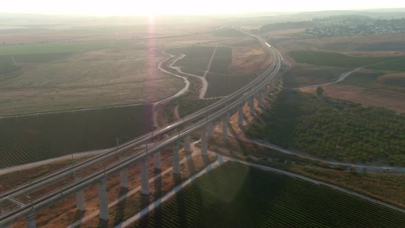Train passing trough the tall bridges in the Judea valleys of Israel, aerial drone view alt
