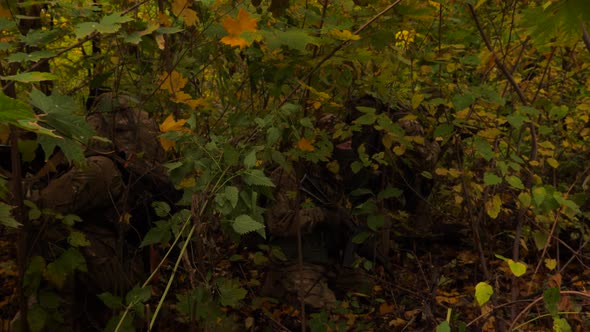 Soldiers in Camouflage Are Fully Equipped and Hidden in a Dense Autumn Forest. The Man Is Watching