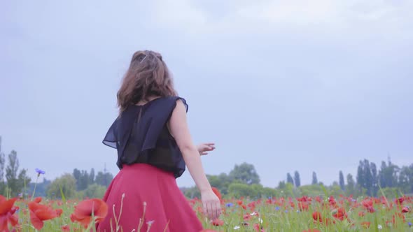 Pretty Young Girl Running and Dancing in a Poppy Field Smiling Happily alt