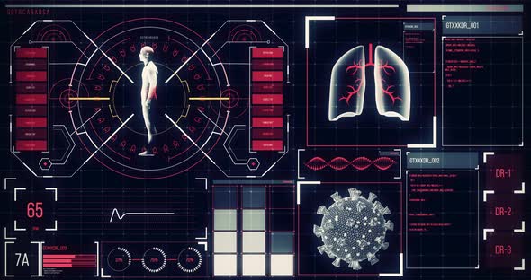 Animation of the human body analyzed on a screen, lungs and heart beat analyzed alt