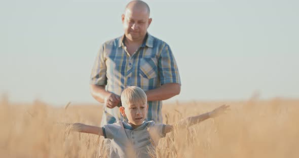 Little Son and Dad Walk Across the Golden Field