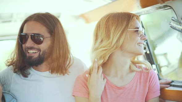 Friends Traveling In Car In Summer, Having Fun. Happy Smiling Young Friends alt