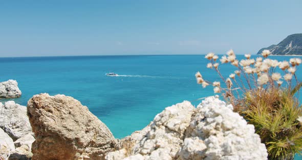 Daily Tourist Trip Boat in Turquoise Colored Sea Near Agios Nikitas Lefkada Ionian Islands Greece alt