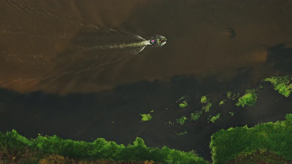 Aerial View Of Old Boat Floating In River Summer Landscape alt