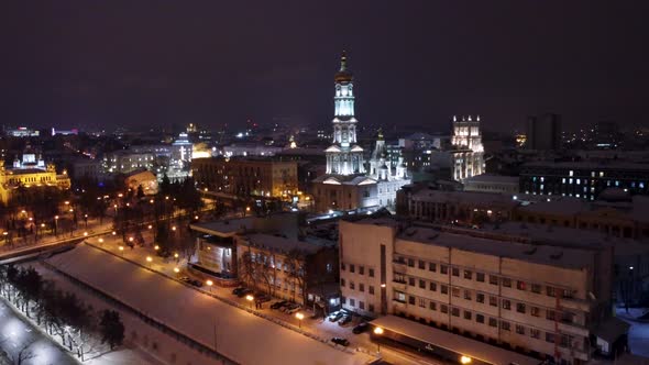 Winter night Cathedral, Kharkiv city center aerial