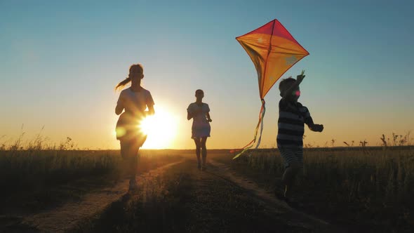 Happy Young Mother with a Children Play Kites Together on Park alt