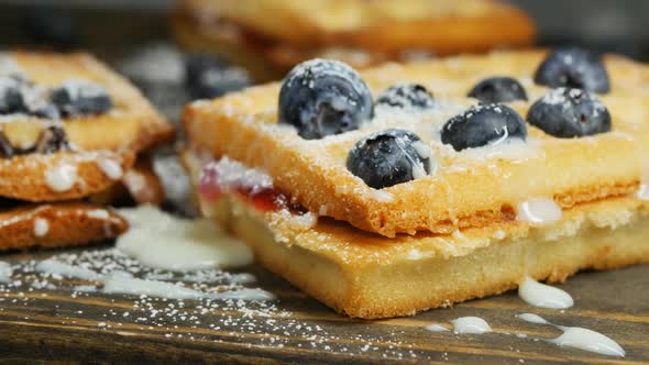 Viennese Waffles with Blueberries Jam Filling and Drizzled with Condensed Milk
