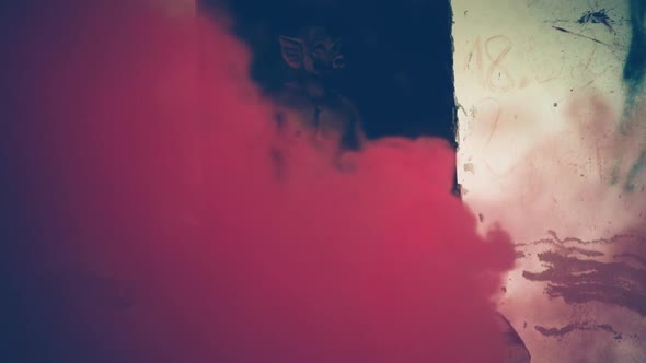 Creepy Bad Man with Mask Industrial Background with Smoke Granade alt