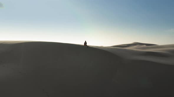  Aerial View of the Woman in the Wild Nature of Sand Dunes and Desert Scenery alt