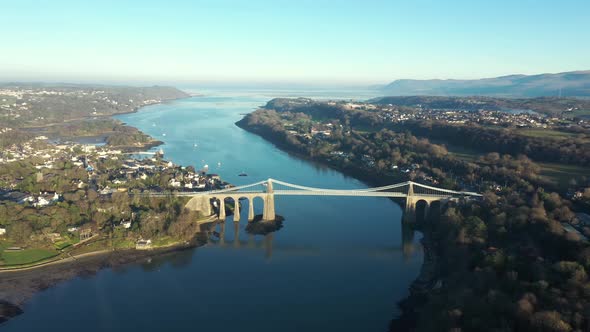 Aerial view of Britannia and Menai bridges in Wales over the Menai strait on