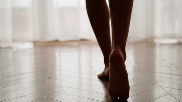 Female Legs Close Up. Young Sexy Athletic Woman Tiptoe To the Window alt