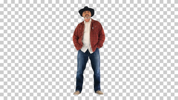 Serious american farmer looking at camera, Alpha Channel alt