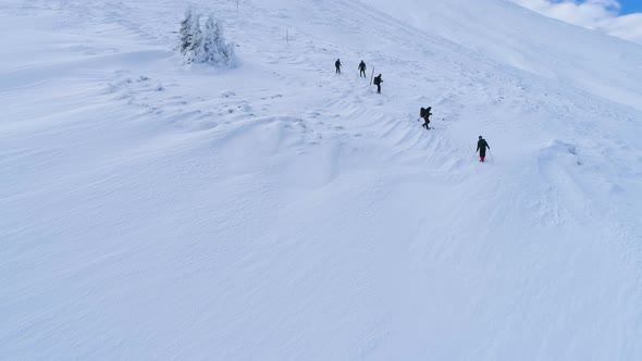 Group Of Guys Hiking Down A Mountain During Winter alt
