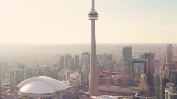 Toronto, Canada, Aerial  - Toronto's CN Tower as seen from a helicopter at sunset alt