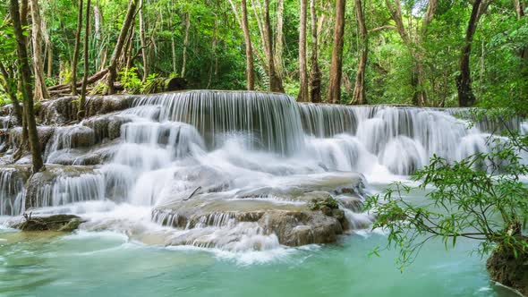 Huai Mae Khamin Waterfall sixth level, Kanchanaburi, Thailand; zoom out - Time Lapse