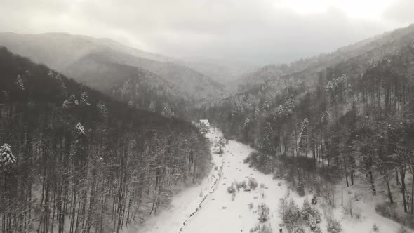 4k Drone Shot Inside The Forest Winter Small House In The Mountains