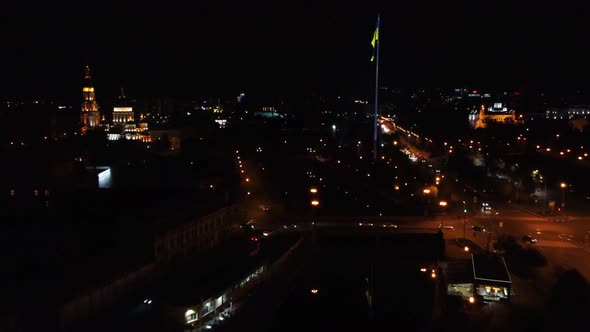 Flag of Ukraine, Kharkiv city center night aerial
