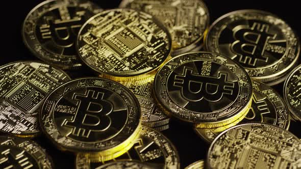 Rotating shot of Bitcoins (digital cryptocurrency) - BITCOIN  alt