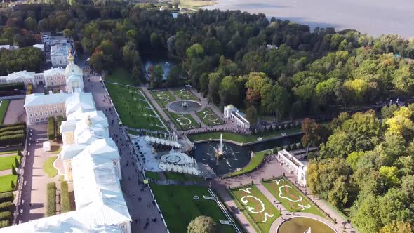 Aerial View of Peterhof Palace, with the Gardens, Parks, Water Fountains and Water Canals in the