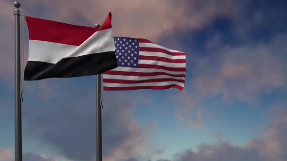 Yemen Flag Waving Along With The National Flag Of The USA - 2K alt