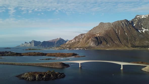 Lofoten Islands. Norway. Aerial footage of small fishing village.  Popular tourist destination. alt