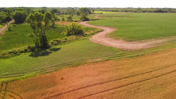  Beautiful Farmlands With A Dirt Road. Aerial View.