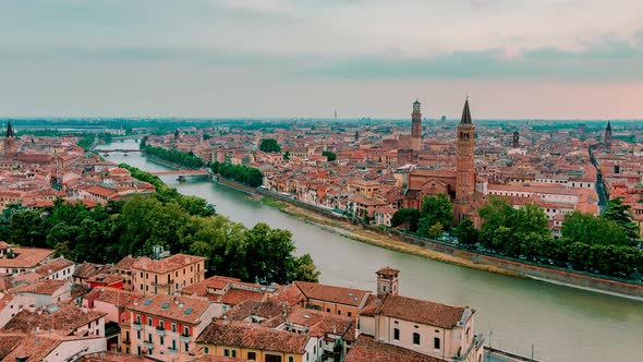 Panoramic view of the city of Verona, Italy. Timelapse