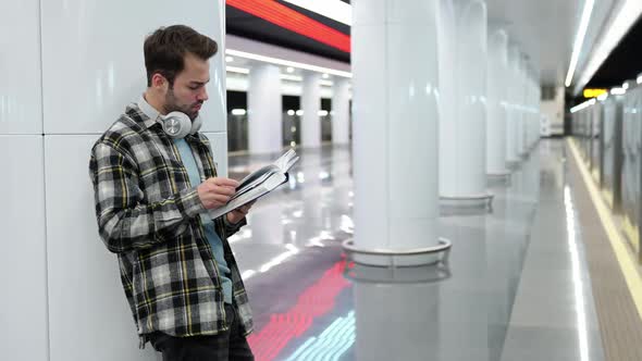 Young Man Waits for a Train in the Subway and Reads a Book and Uses a Smartphone a Student Goes to alt