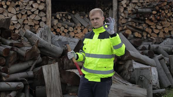 Lumberjack in Reflective Jacket. Man Woodcutter Hold Small Axe, Show Ok Sign. Sawn Logs, Firewood alt